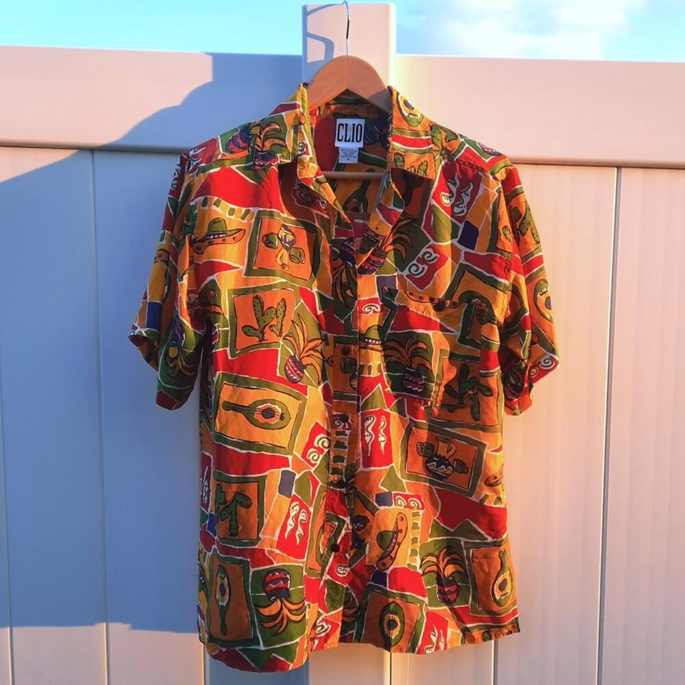 Vintage CLIO Southwestern Cactus Print Silk Button Down Shirt | Size Medium